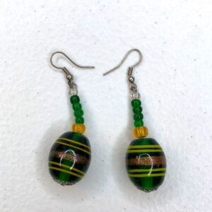 Murano Glass Style Lampwork  Beaded Earrings, Green and Gold